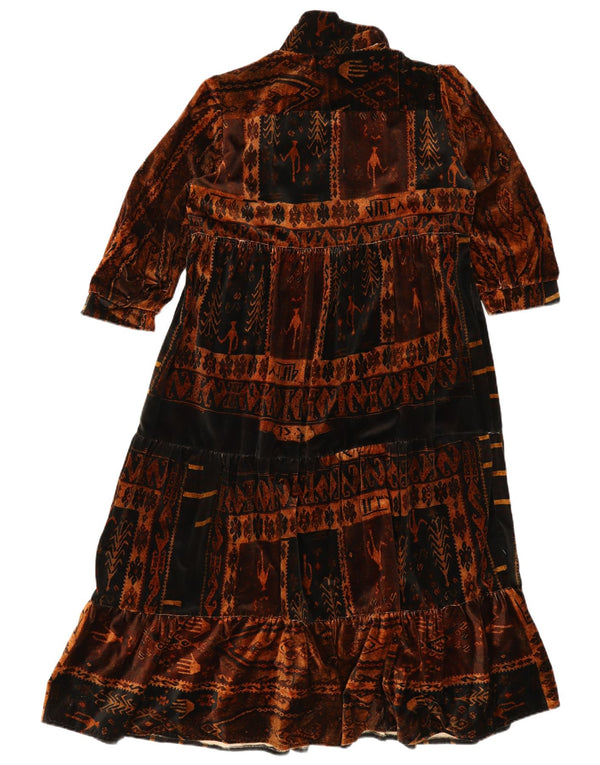 Vintage damekjole med 3/4 ærmer i niveauer UK 12 Medium Brown Aztec