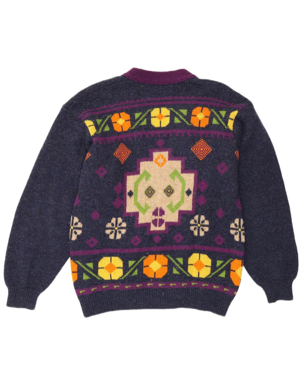 Benetton Dame Cardigan Sweater UK 14 Medium Navy Blue Geometric Retro