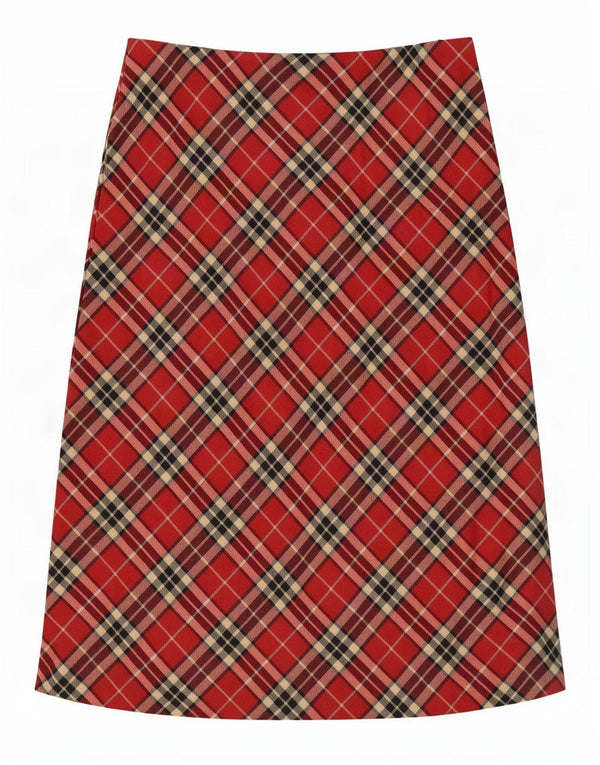 Vintage Dame Midi Nederdel IT 46 Large W32 Rød Plaid Virgin Wool