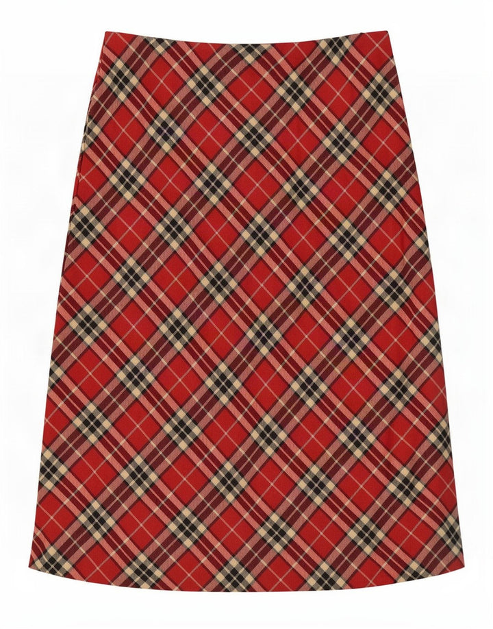 Vintage Dame Midi Nederdel IT 46 Large W32 Rød Plaid Virgin Wool