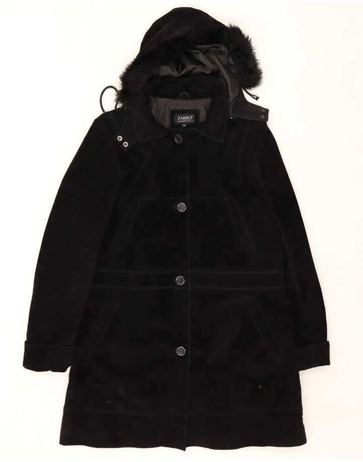 ZARRO Womens Hooded Suede Overcoat IT 44 Medium Black Leather Vintage Zarro and Second-Hand Zarro from Messina Hembry 