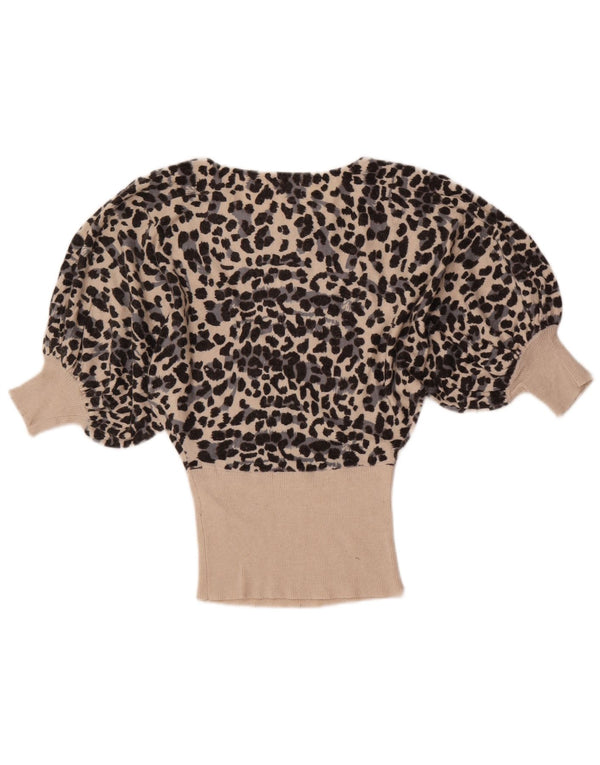 Vintage Dame 3/4 ærmet bluse Top UK 10 Small Beige Animal Print Viscose