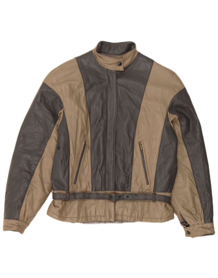 Vintage læderjakke til kvinder UK 14 Medium Grey Colourblock Læder
