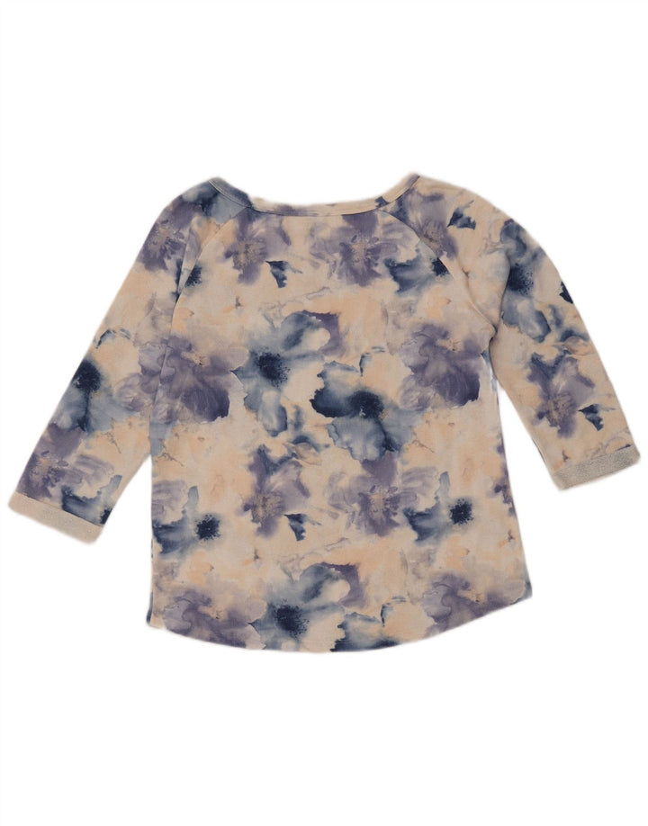 BENETTON Dame Top 3/4 ærmer UK 14 Medium Blue Floral Bomuld