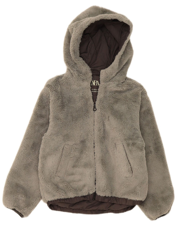 Zara Girls Teddy Bear Hooded Fleece Jacket 11-12 Years Grey Polyamide