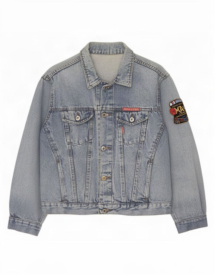 Vintage kvinders grafisk denimjakke UK 12 Medium Blue