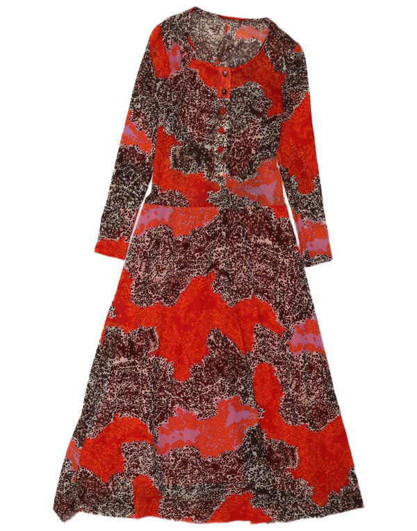 Vintage Dame Langærmet Maxi Kjole UK 12 Medium Orange Animal Print