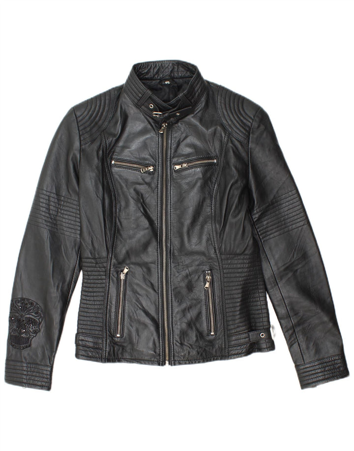 Vintage kvinders grafisk læder bikerjakke EU 38 medium sort læder