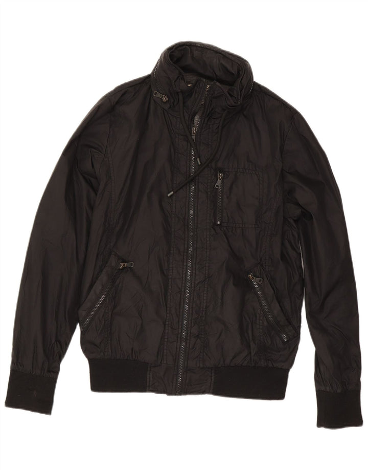 Zara Herre Hooded Bomber Jacket UK 38 Medium Black Nylon