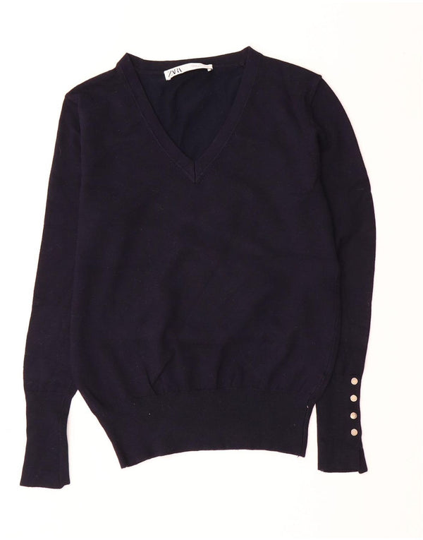 ZARA Womens Crop V-hals sweater UK 12 Medium Navy Blue