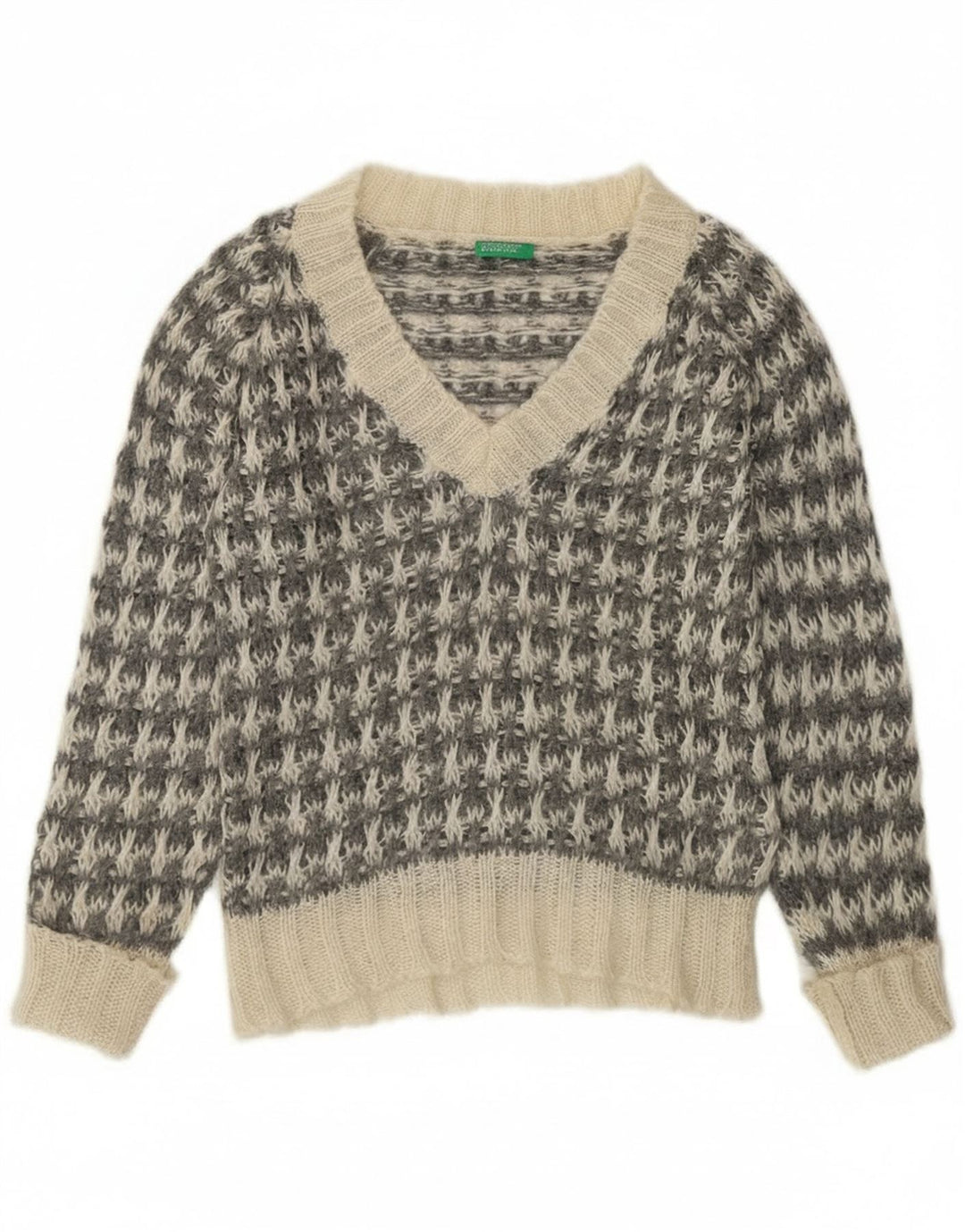 Benetton Dame V-hals sweater UK 14 Medium Grey Houndstooth
