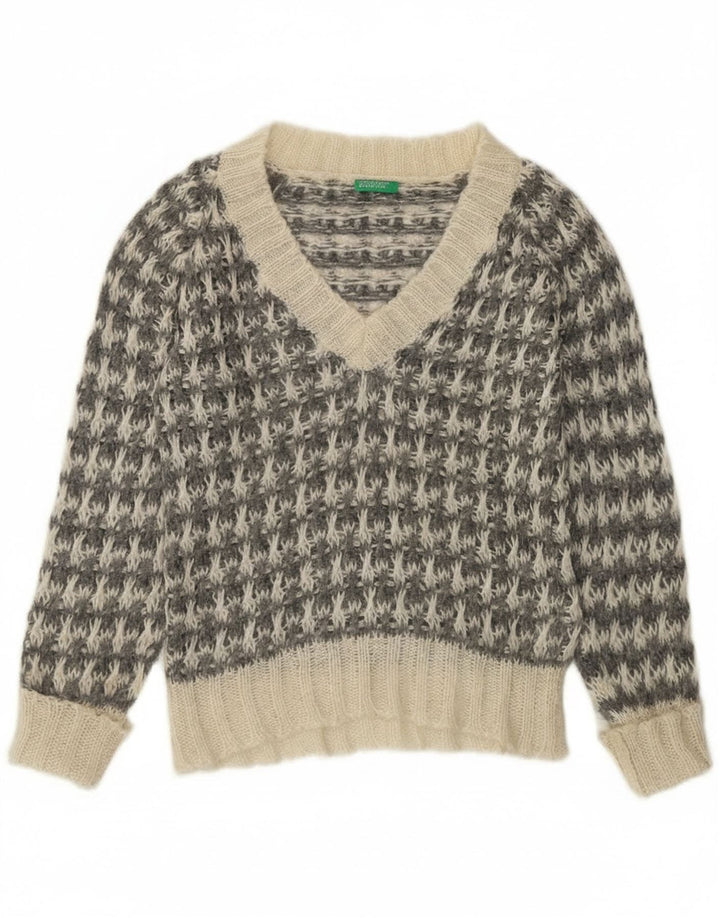 Benetton Dame V-hals sweater UK 14 Medium Grey Houndstooth