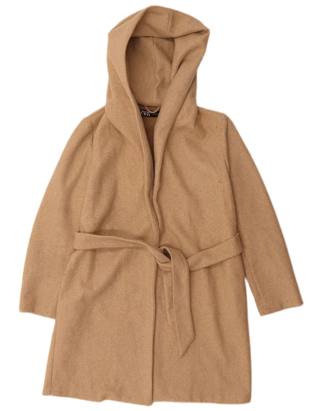 Zara Dame Hætte Oversized Overfrakke UK 10 Small Beige Polyester