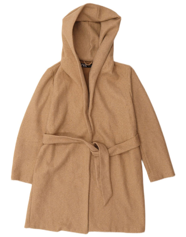 Zara Dame Hætte Oversized Overfrakke UK 10 Small Beige Polyester