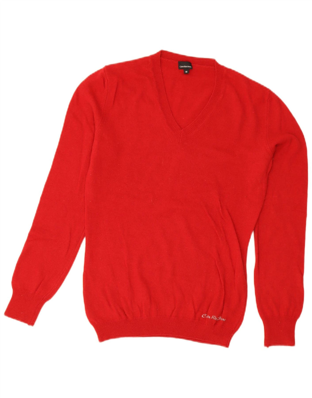 Calvin Klein Jeans Dame V-hals sweater UK 12 Medium Rød Uld