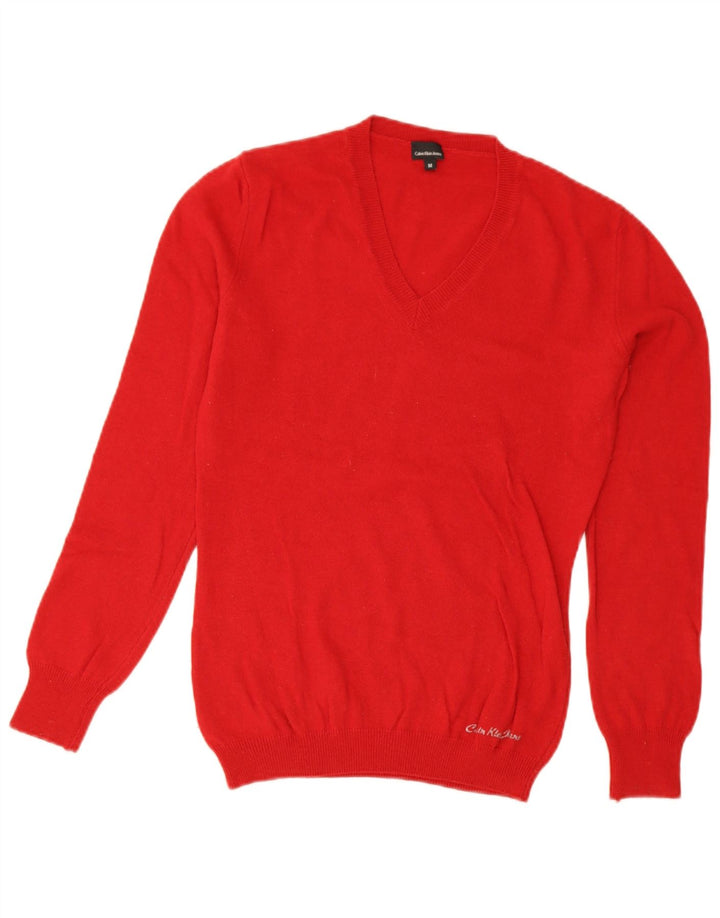 Calvin Klein Jeans Dame V-hals sweater UK 12 Medium Rød Uld