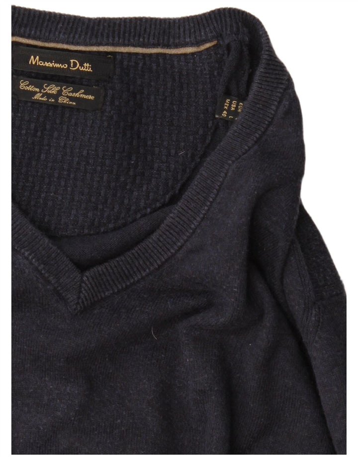 MASSIMO DUTTI Herre V-hals sweater Stor marineblå bomuld