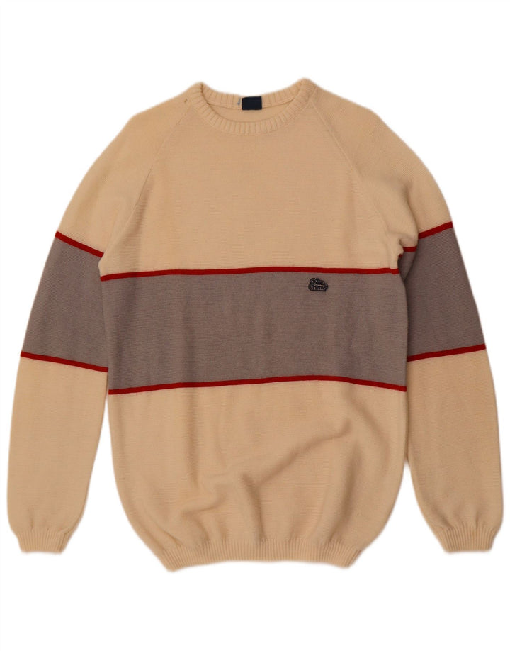 Vintage herre sweater med rund hals, lille off-hvid colourblock uld
