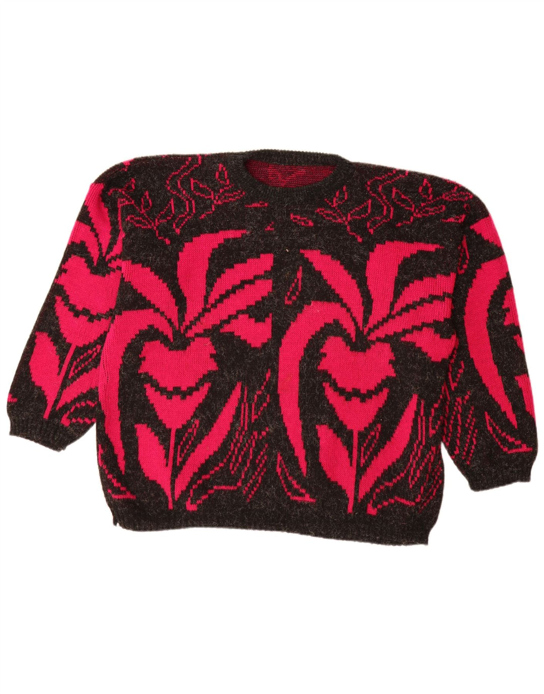 VINTAGE Womens Boat Neck Jumper Sweater UK 20 2XL Black Floral Acryl