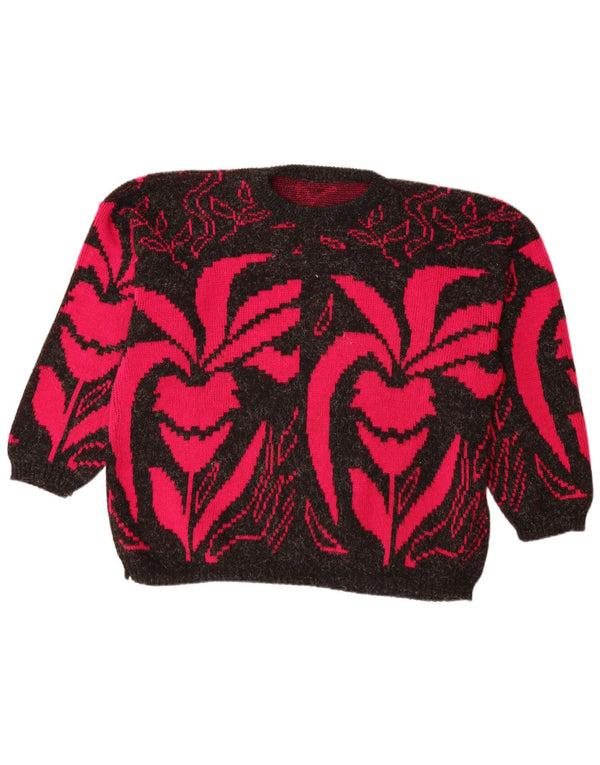 VINTAGE Womens Boat Neck Jumper Sweater UK 20 2XL Black Floral Acryl