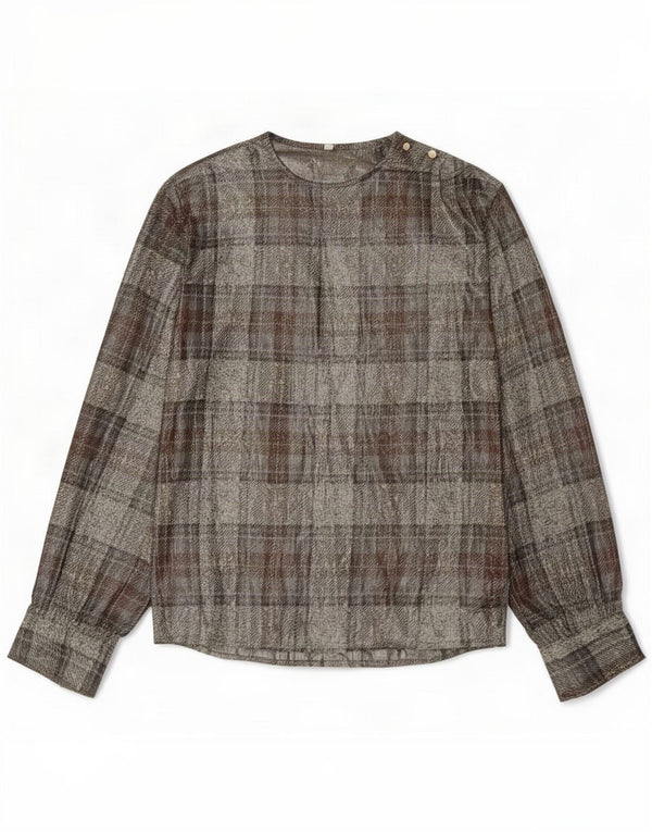 Vintage Womens Long Sleeve Blouse Top EU 42 Large Grey Plaid Silk