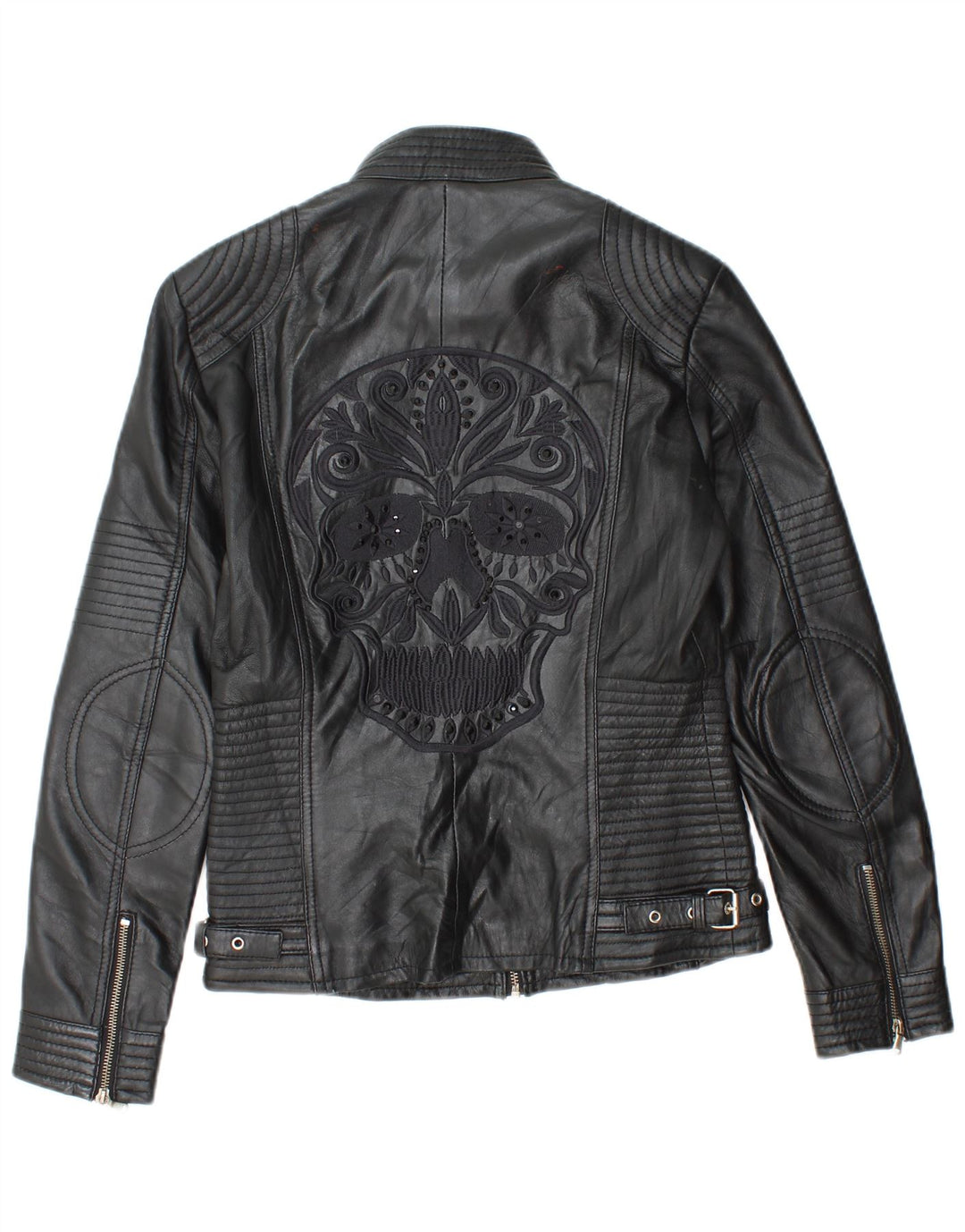 Vintage kvinders grafisk læder bikerjakke EU 38 medium sort læder