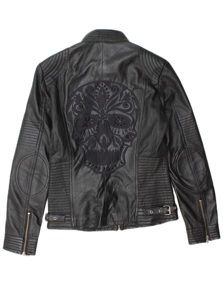 Vintage kvinders grafisk læder bikerjakke EU 38 medium sort læder