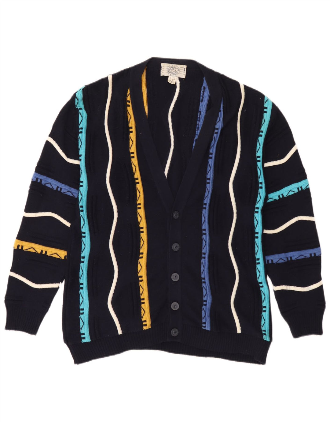 Vintage herre cardigan sweater mellem marineblå stribet bomuld