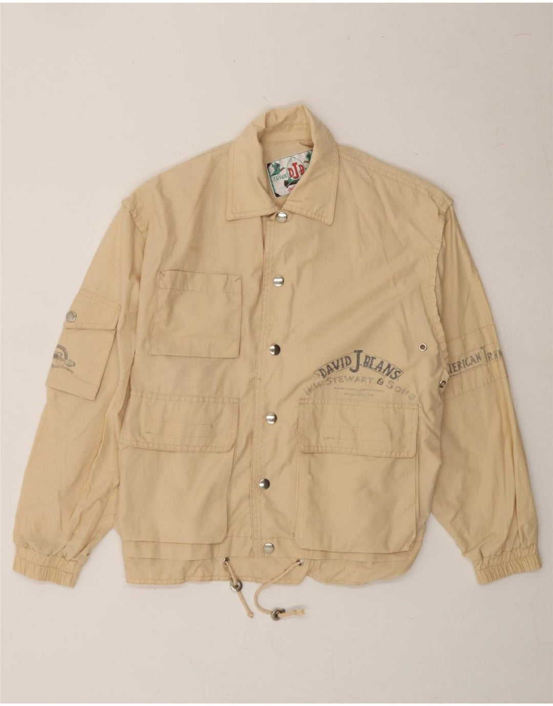 VINTAGE Mens Graphic Utility Jacket UK 36 Small Beige Cotton Vintage Vintage and Second-Hand Vintage from Messina Hembry 