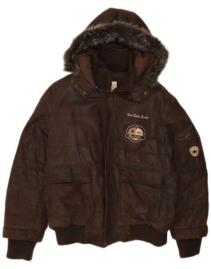Tom Tailor Herre Grafisk Læder Bomber Jacket UK 40 Stor Brun Læder