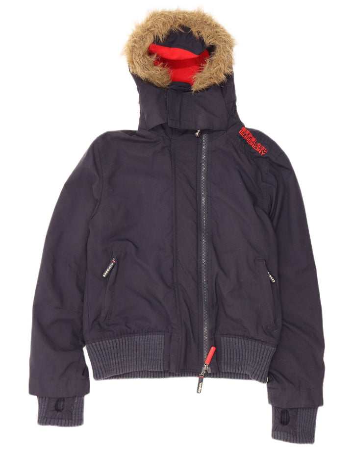 SUPERDRY, polstret bomberjakke med hætte til kvinder, UK 14 Mellem marineblå nylon