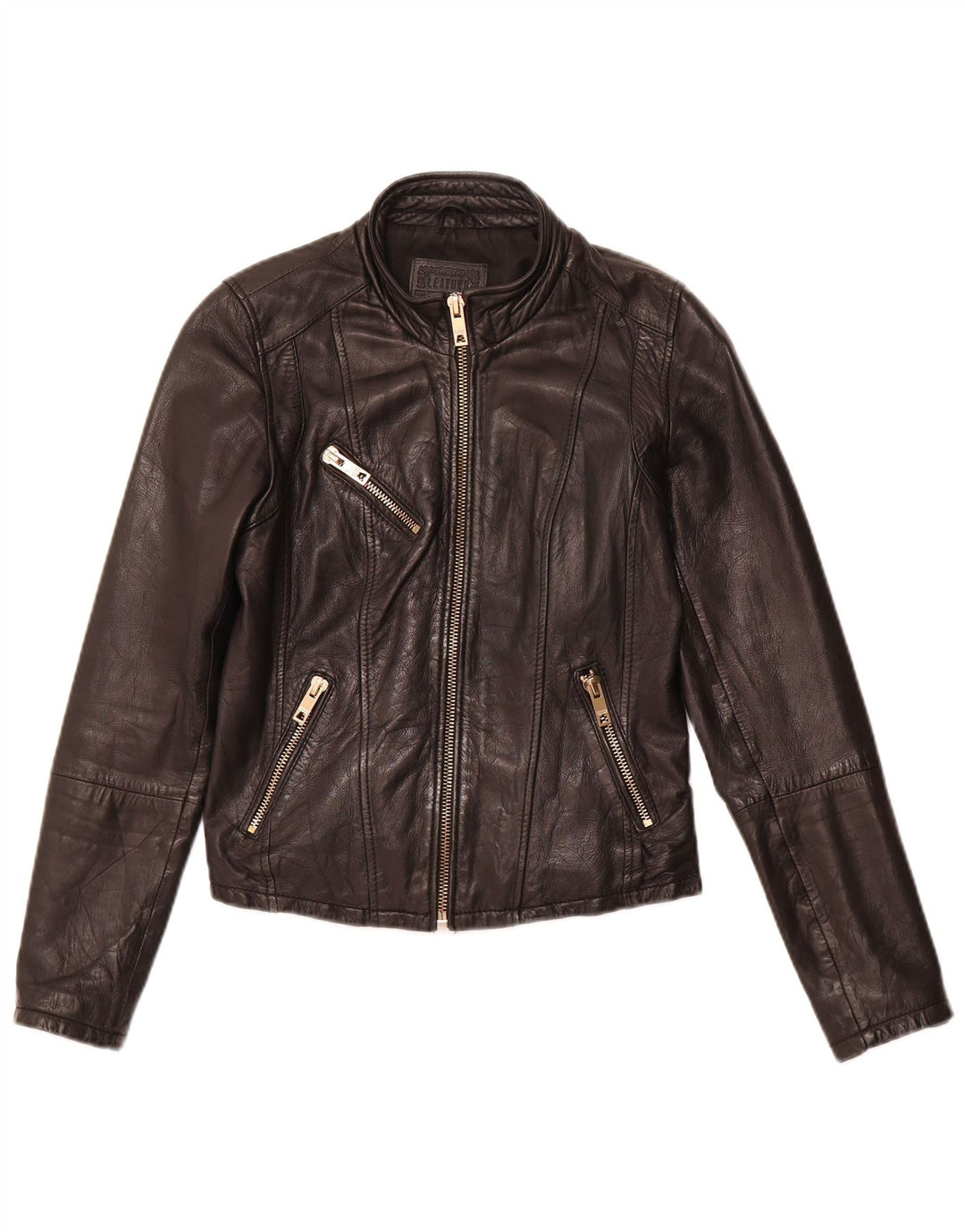 BERSHKA Dame Læderjakke UK 12 Medium Sort Læder