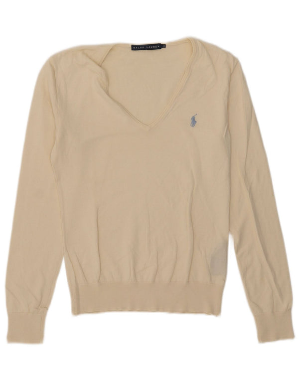 Ralph Lauren Dame V-hals sweater UK 12 Medium Off White Bomuld