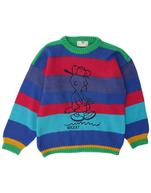 Vintage Herre grafisk rund hals sweater stor flerfarvet stribet