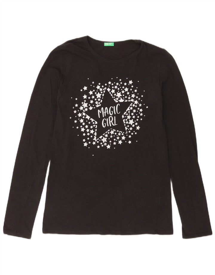 BENETTON Womens Graphic Top Long Sleeve UK 10 Small Black