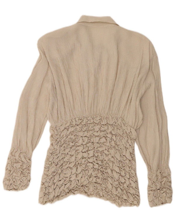 Vintage Dame Langærmet Bluse Top UK 10 Small Beige Check Acetate