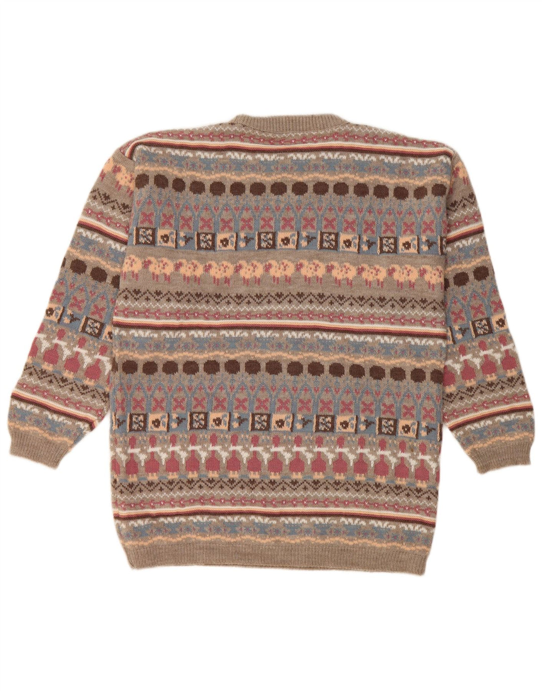 Vintage dame sweater med rund hals DK 14 Medium Beige Geometrisk