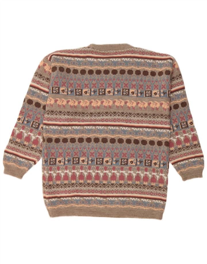 Vintage dame sweater med rund hals DK 14 Medium Beige Geometrisk