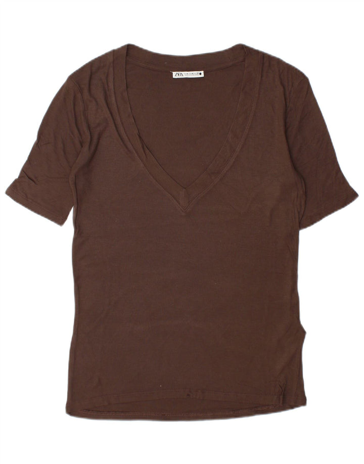 Zara T-Shirt Top UK 14 Medium Brun Viscose