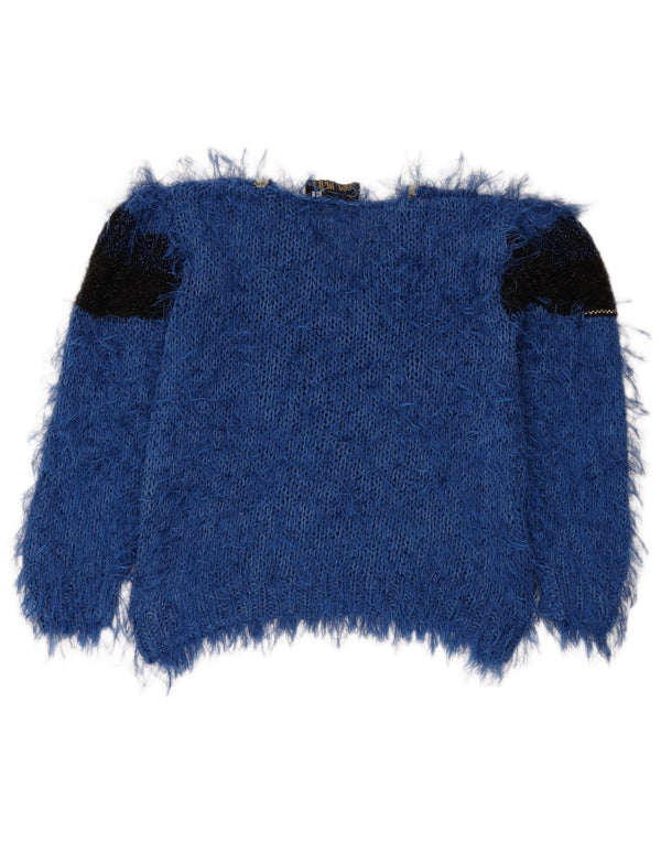 Vintage Dame V-hals sweater UK 16 Large Blue Colourblock Bomuld