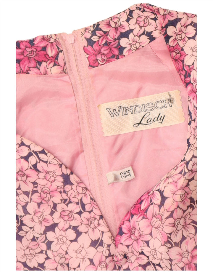 VINTAGE Langærmet A-line kjole til kvinder EU 44 XL Pink Floral Polyester