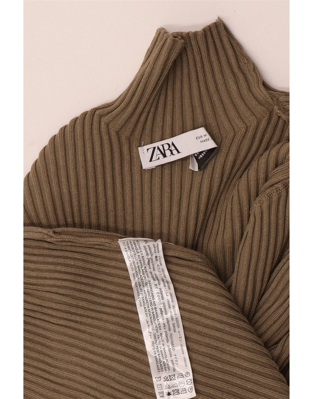 Zara Womens Crop Roll Neck Top Langærmet UK 12 Medium Khaki Viscose