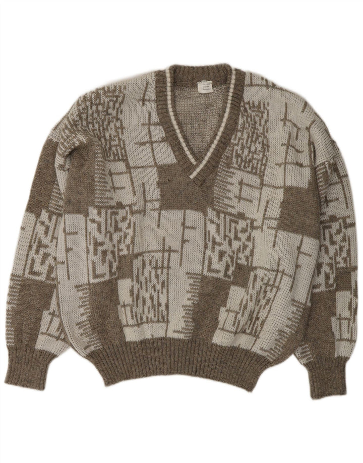 VINTAGE Mens V-Neck Jumper Sweater XL Beige Geometric Wool