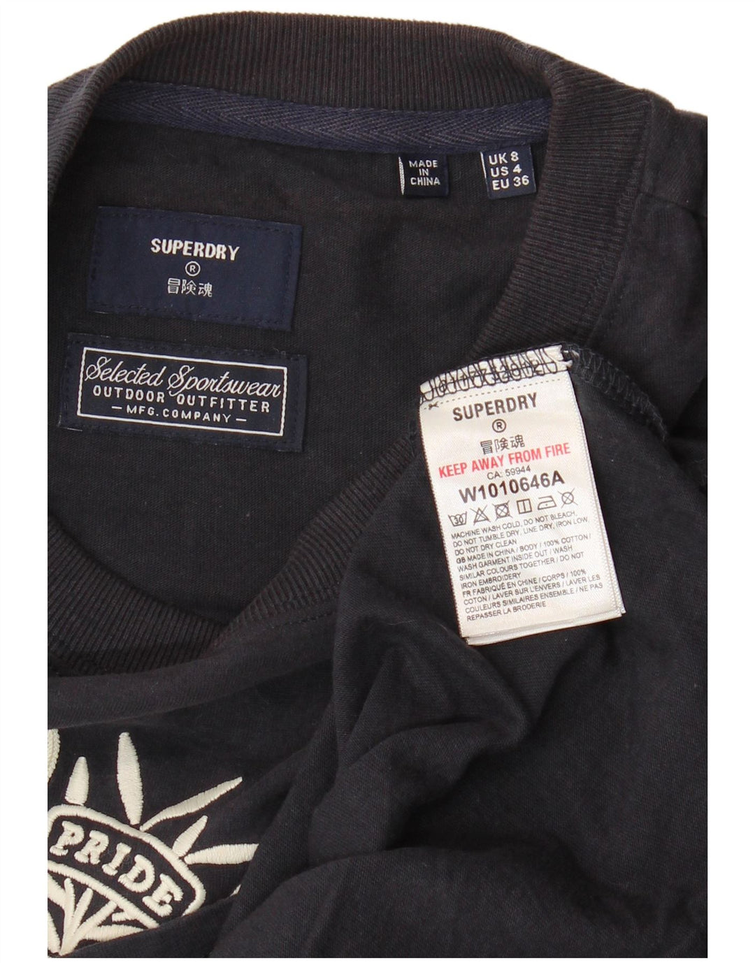 SUPERDRY Grafisk T-shirt top til kvinder UK 8 Lille marineblå bomuld