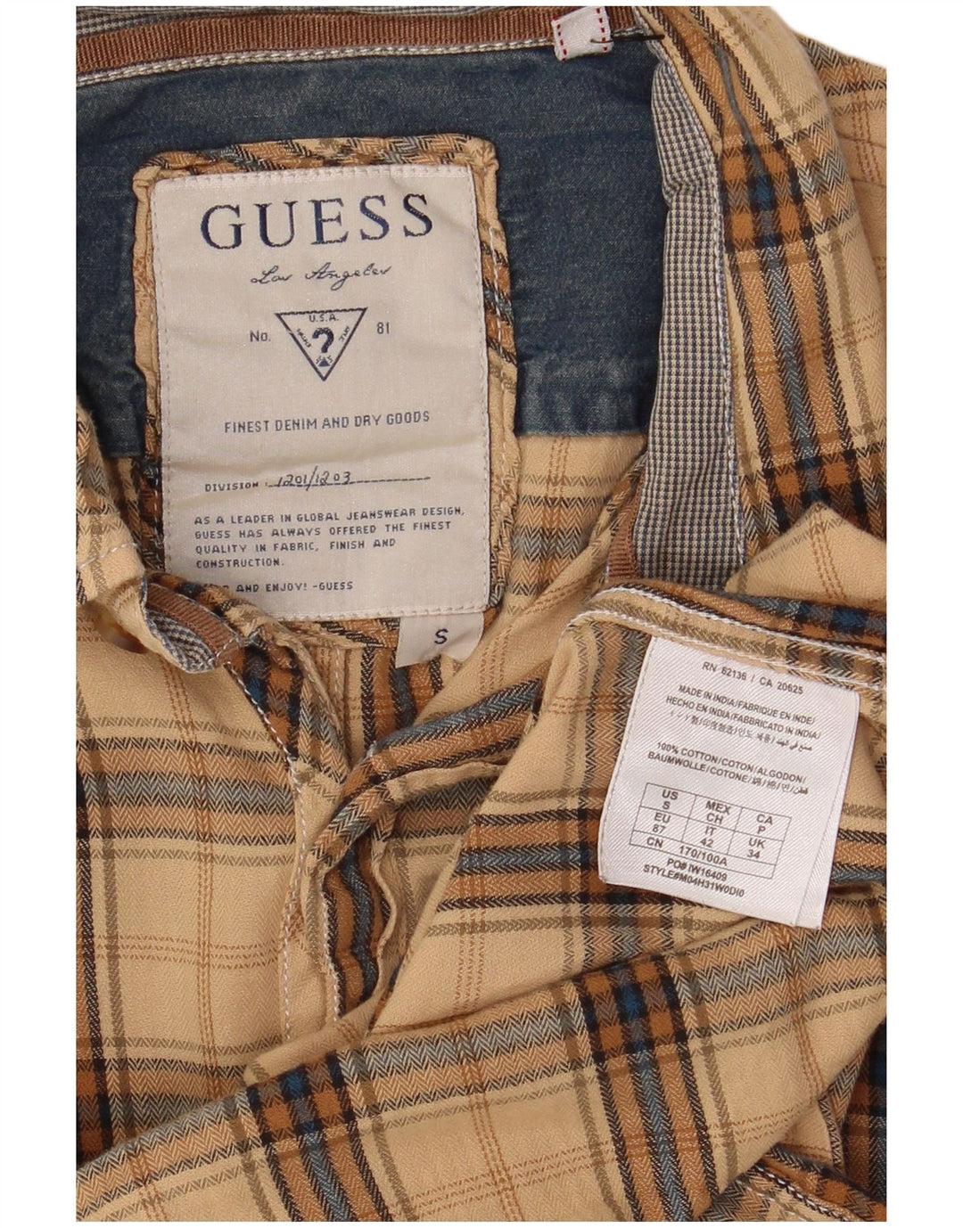 Guess Flanelskjorte til mænd, lille beige ternet bomuld