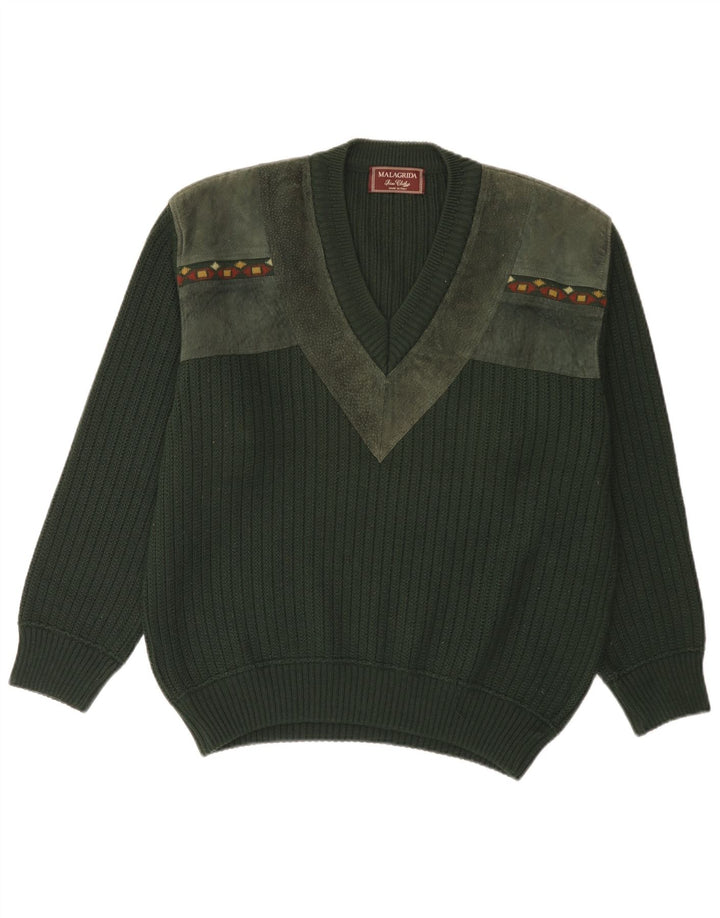 MALAGRIDA Herre V-hals sweater Stor grøn geometrisk polyakryl