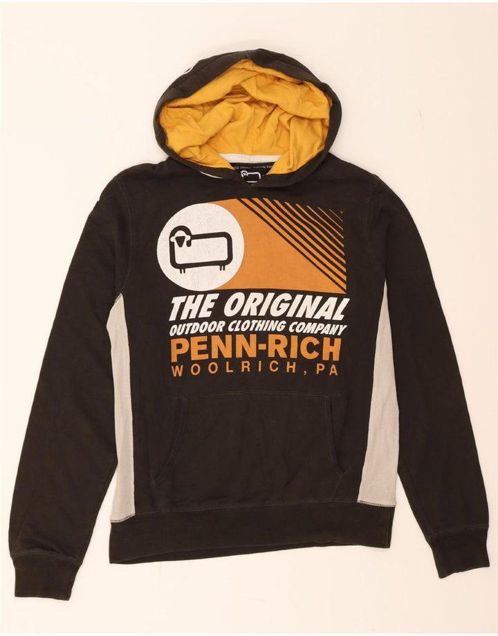 WOOLRICH Womens Graphic Hoodie Jumper UK 14 Medium Black Colourblock Vintage Woolrich and Second-Hand Woolrich from Messina Hembry 