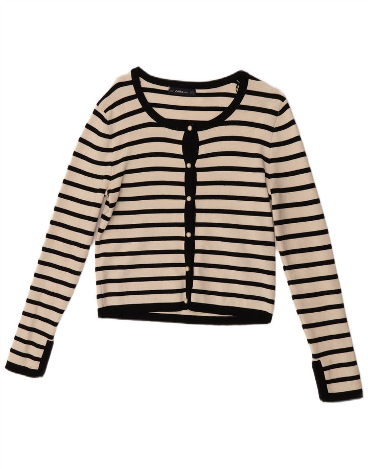 Zara Womens Crop Cardigan Sweater UK 12 Medium White Striped Viscose