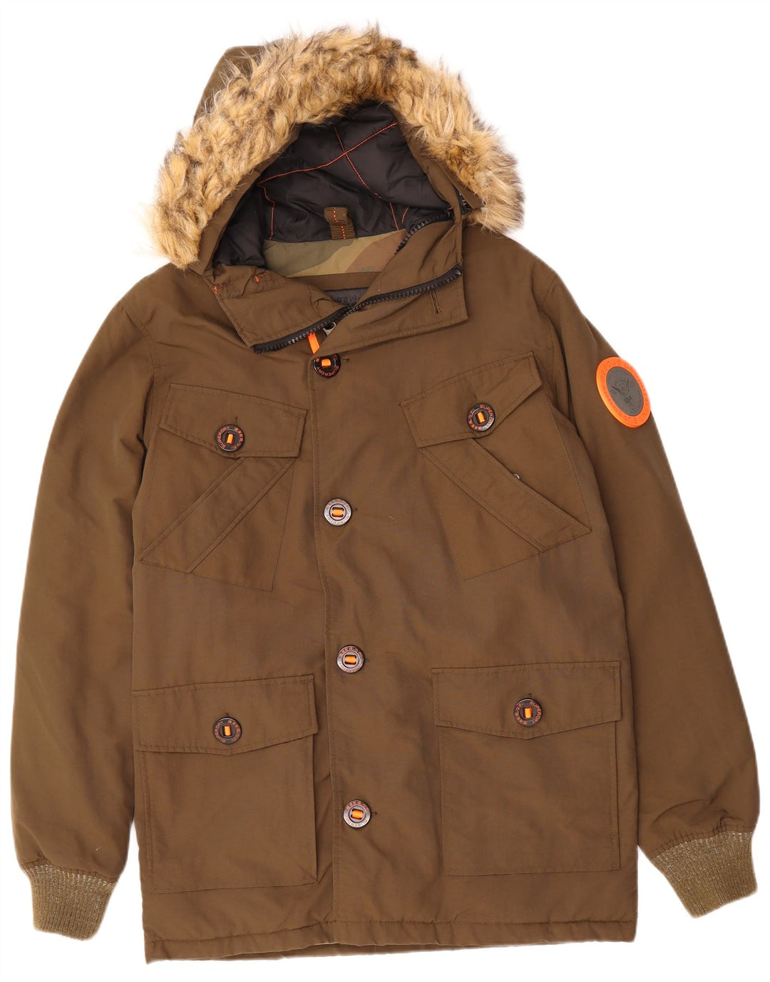 SUPERDRY Mens Hooded Military Jacket UK 38 Medium Brown Polyester