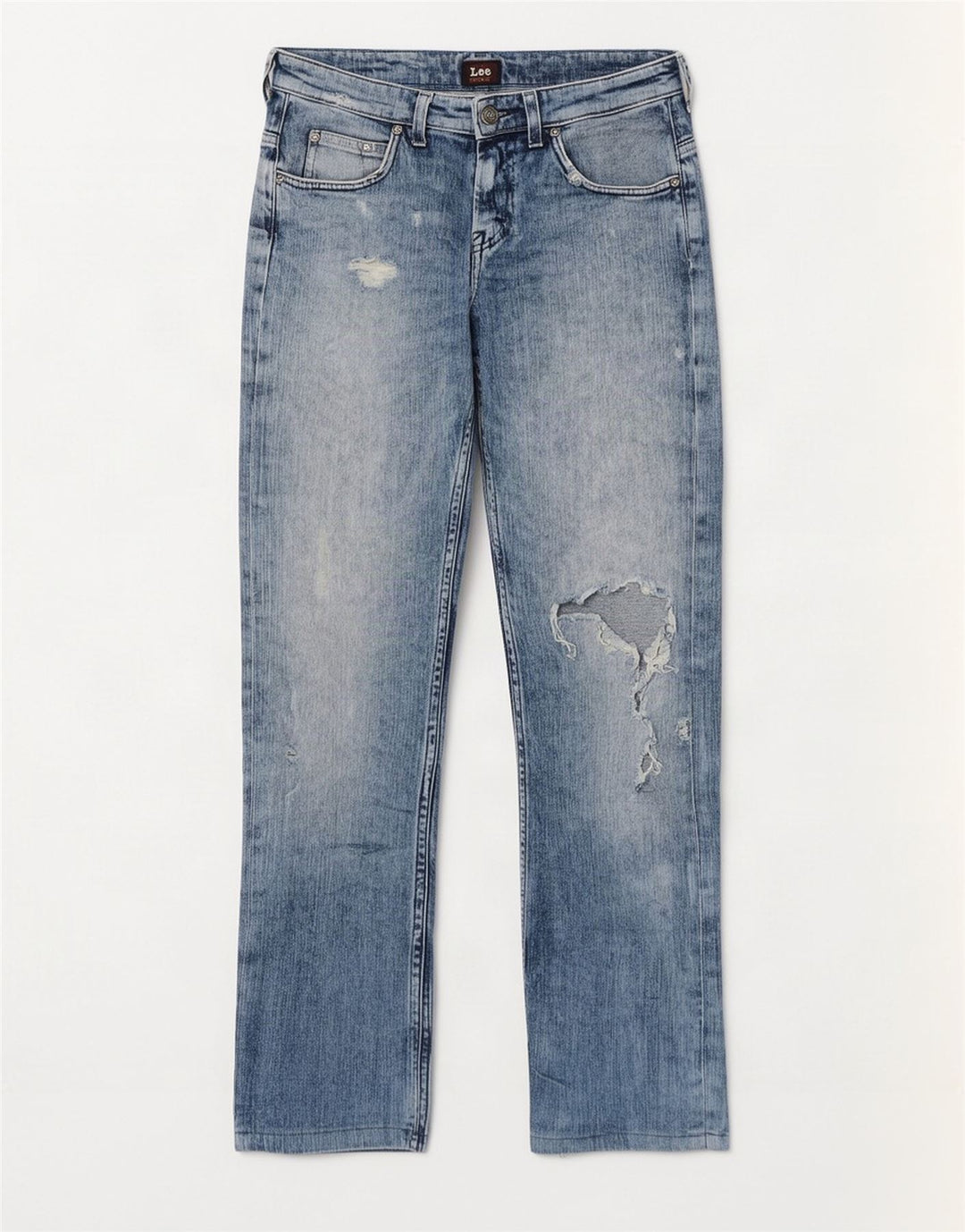 Lee Herre Knox Distressed Straight Jeans W29 L30 Blå Bomuld